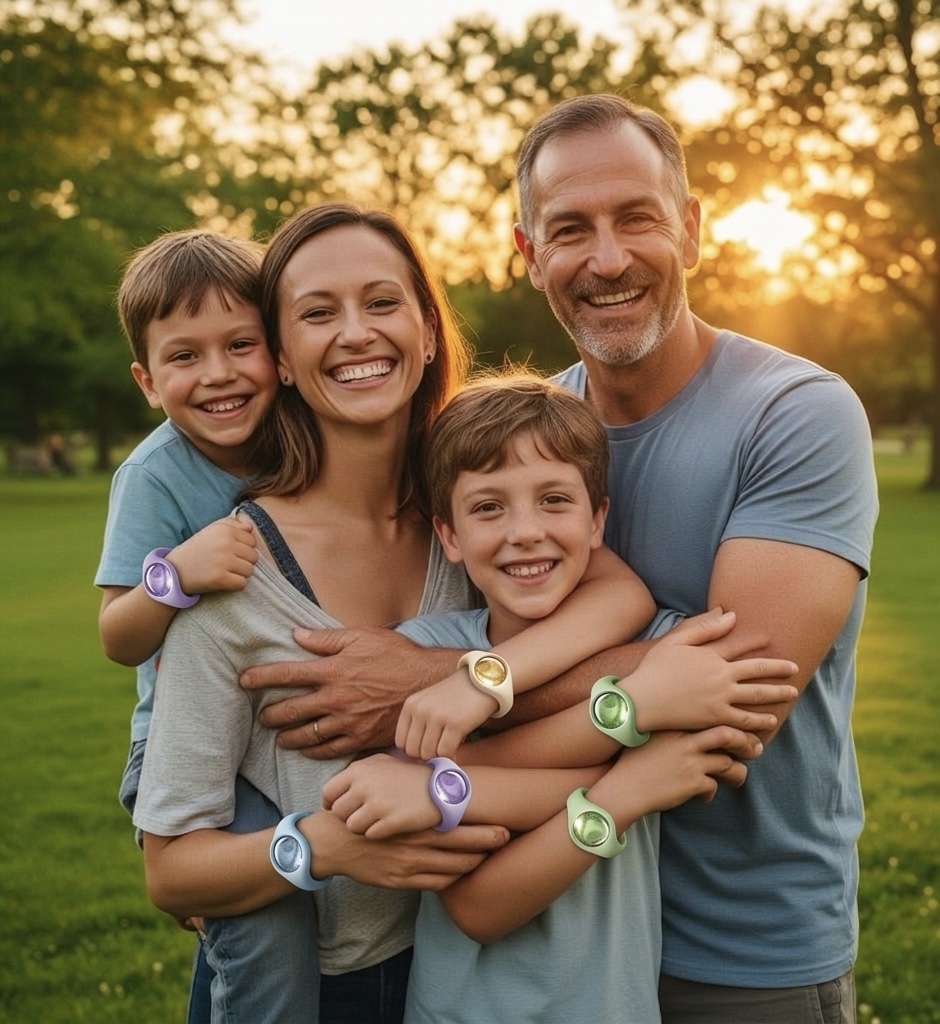 A Canadian family enjoying the outdoors wearing NoBuzz bracelets