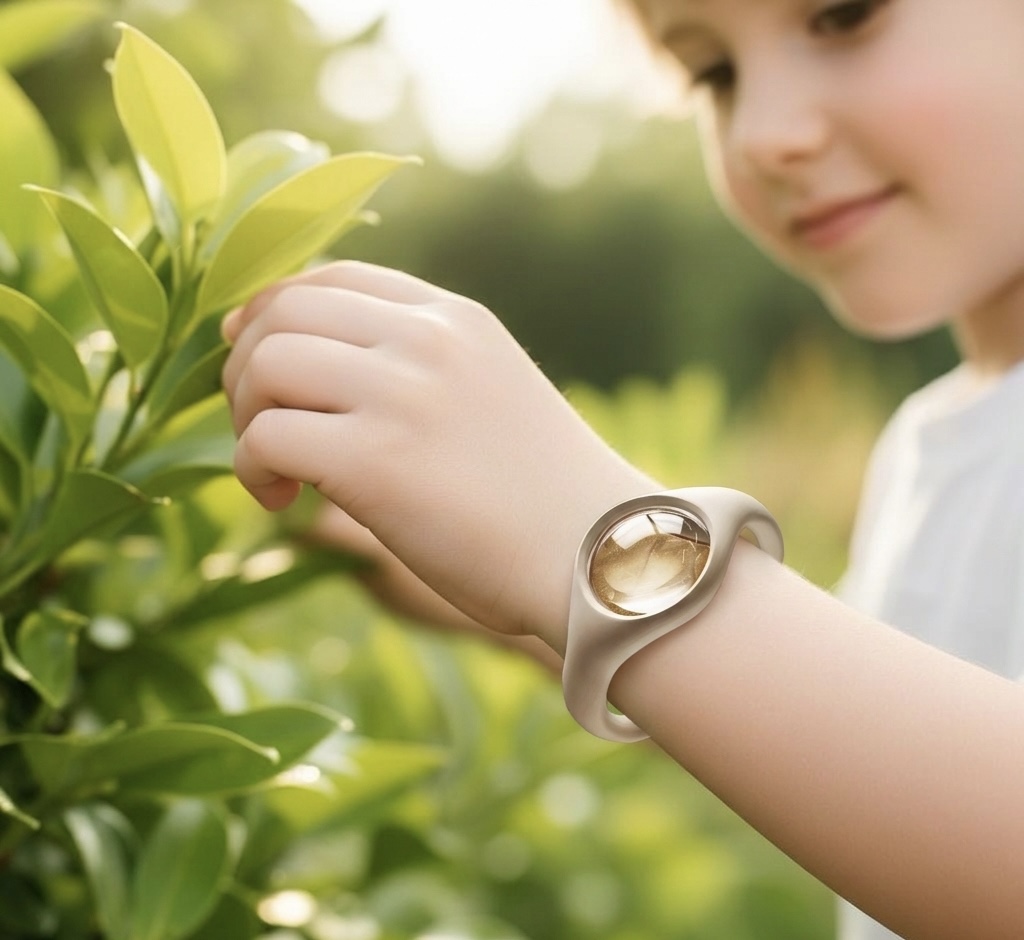 Child wearing a NoBuzz bracelet in nature