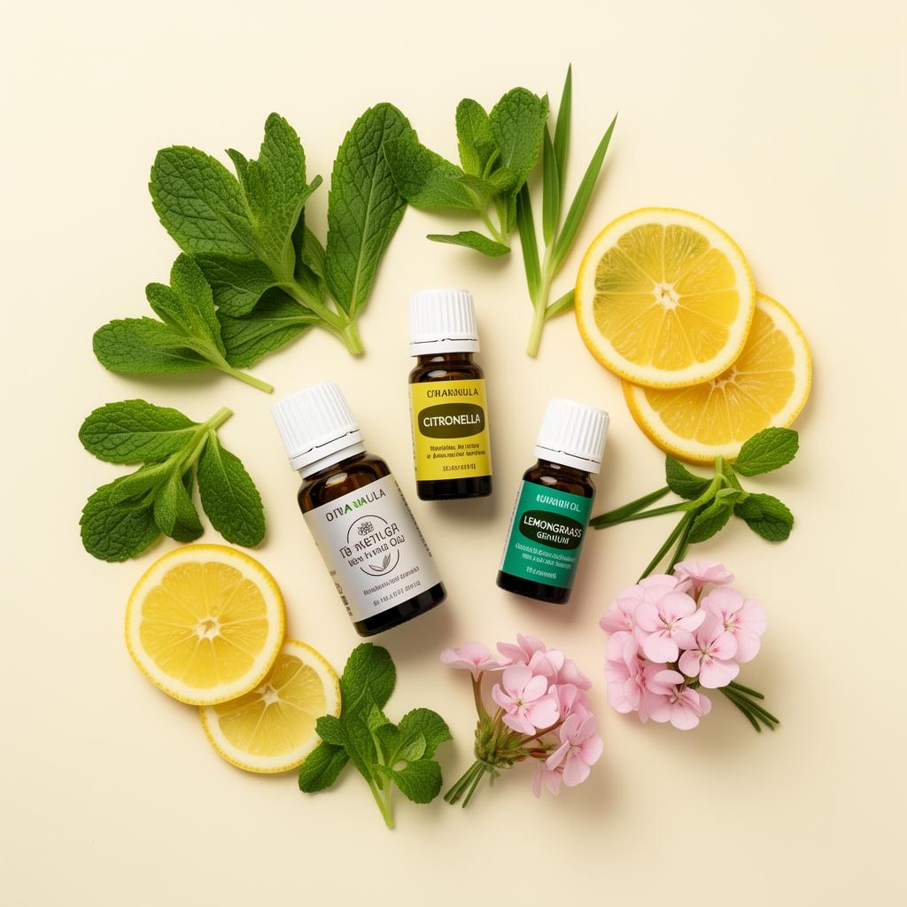 Citronella, lemongrass and geranium essential oils with fresh botanicals
